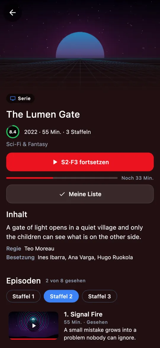 Serienseite aus der Demo-Liste auf dem Handy mit der Schaltfläche zum Weiterschauen