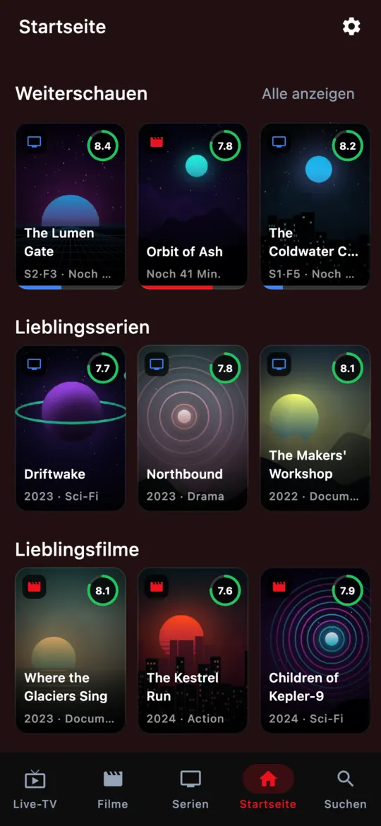 Startseite auf dem Handy mit „Weiterschauen“ und Favoriten