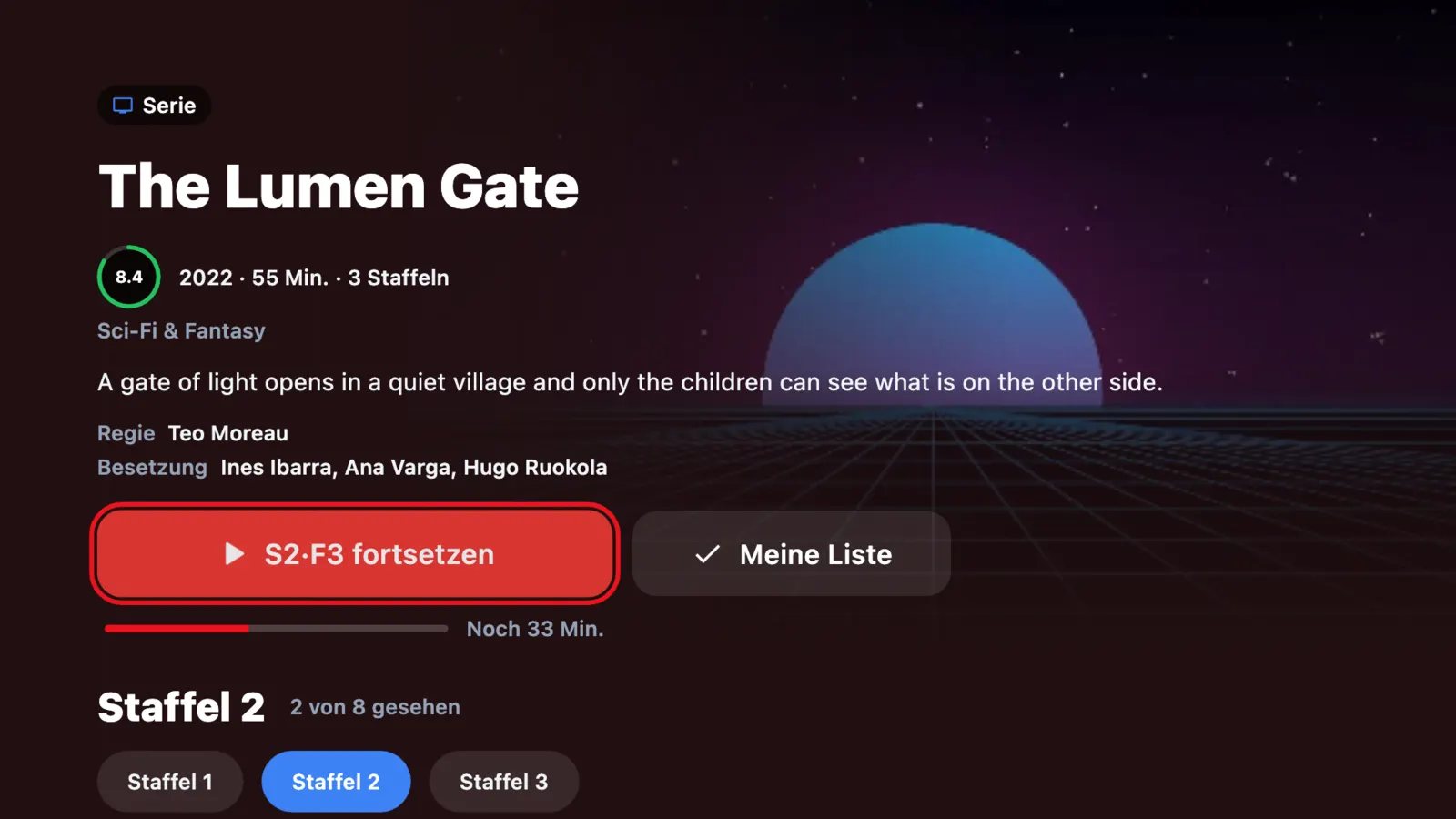 Serienseite auf einem TV mit fokussierter Schaltfläche „Weiterschauen“