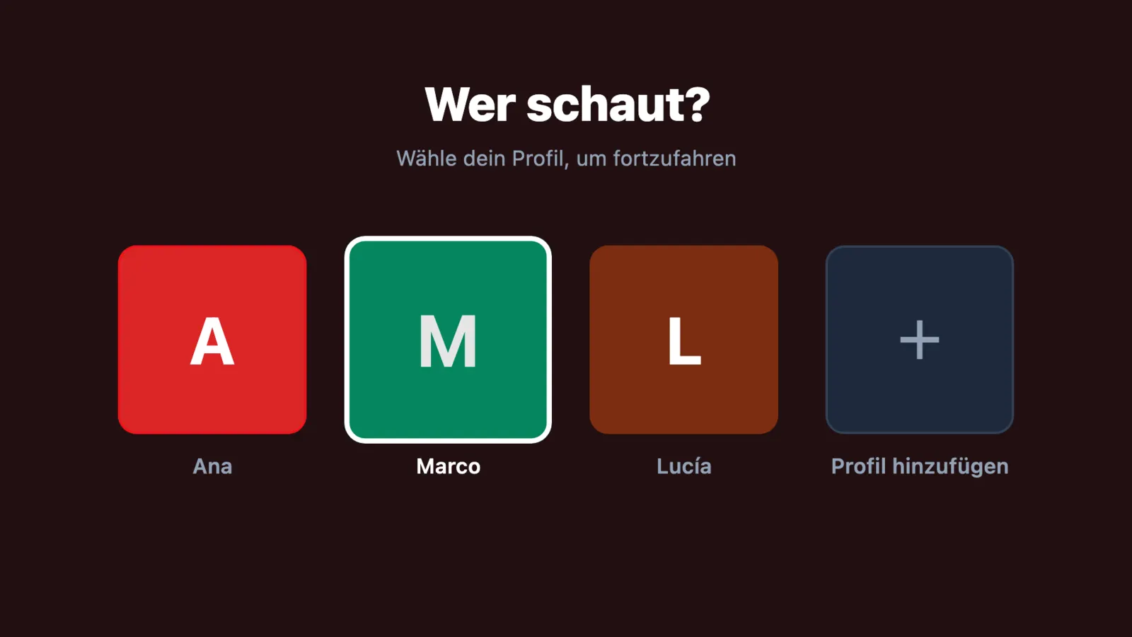 Profilauswahl „Wer schaut?“ auf einem TV