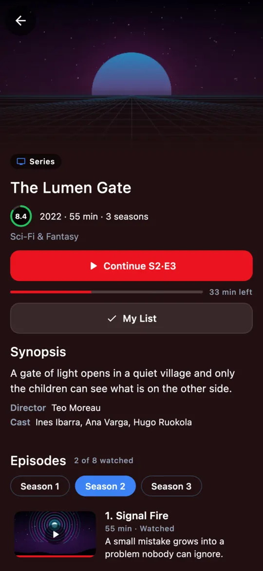 Series page from the demo playlist on a phone, with the button to continue the episode