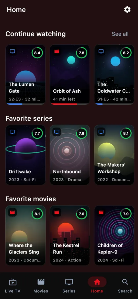 Home on a phone with “Continue watching” and favorites