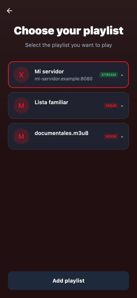 “Choose your playlist” screen with three playlists added by the user