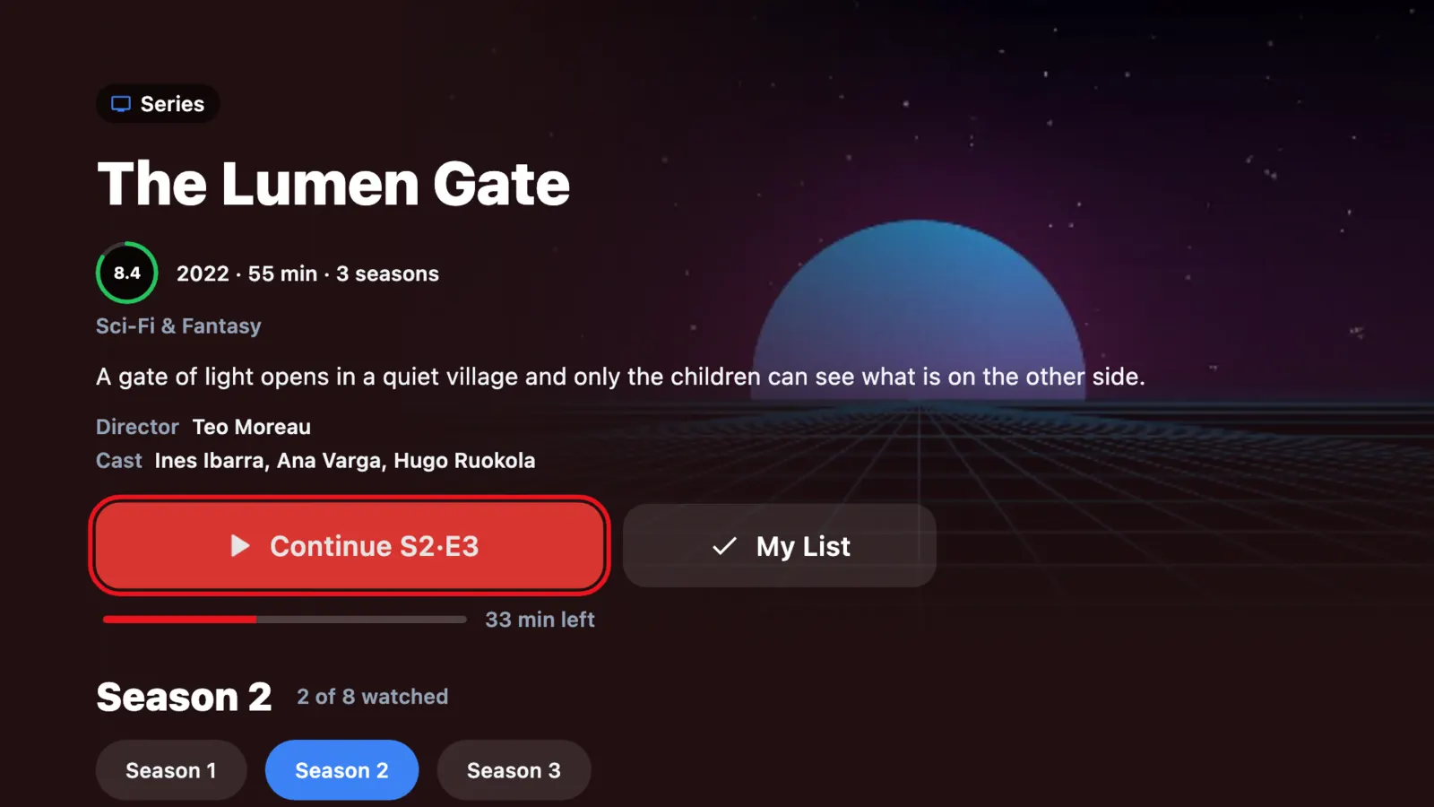 Series page on a TV with the “Continue” button focused