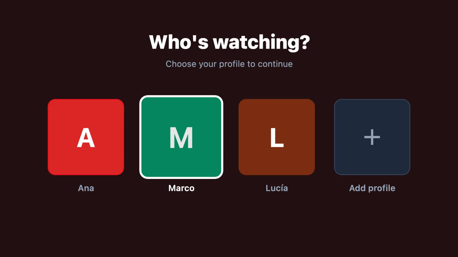 “Who’s watching?” profile picker on a TV
