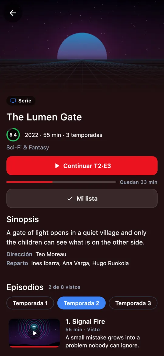 Ficha de una serie de la lista de demostración en el móvil, con el botón para continuar el episodio