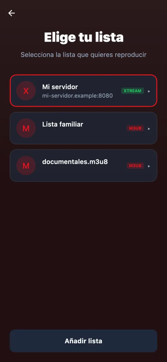 Pantalla «Elige tu lista» con tres listas añadidas por el usuario