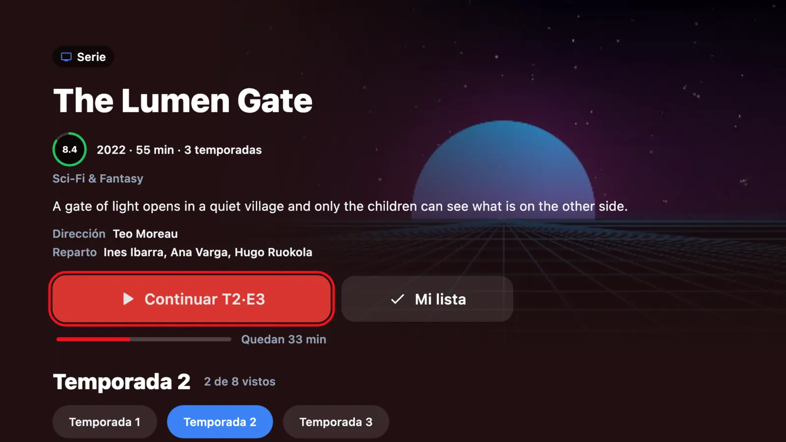 Ficha de una serie en la TV con el botón «Continuar» enfocado