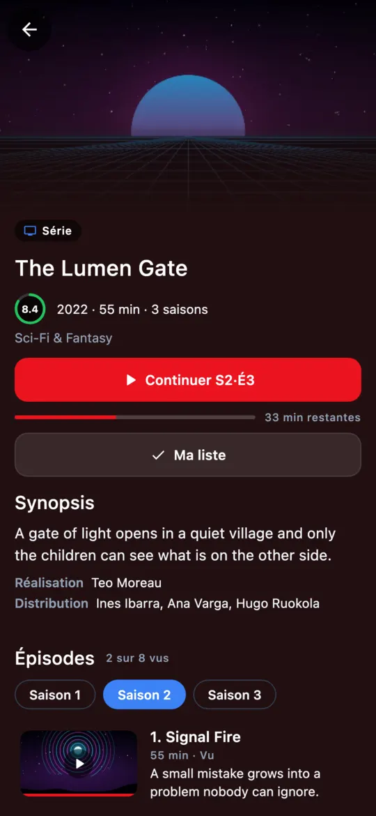 Fiche d’une série de la liste de démonstration sur mobile, avec le bouton pour reprendre l’épisode